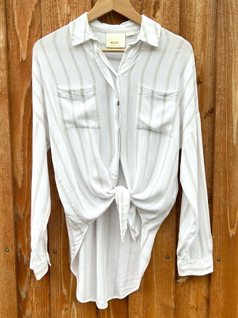 Anthropologie Maeve Striped White Beige Button Down Shirt Relaxed Tie Front XS